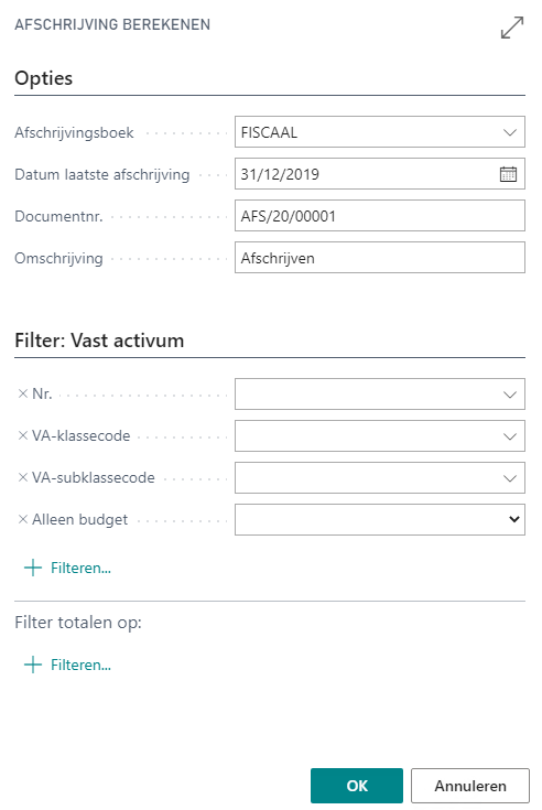Afschrijving berekenen parameterscherm