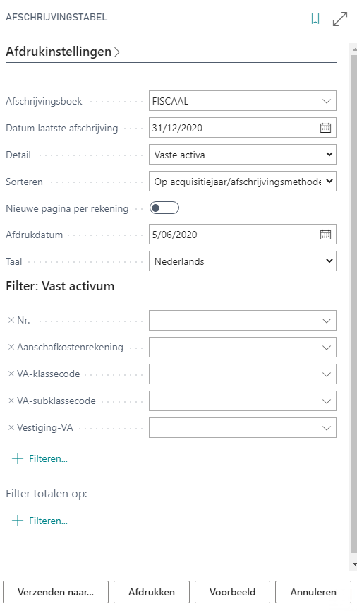 Parameterscherm rapport afschrijvingstabel