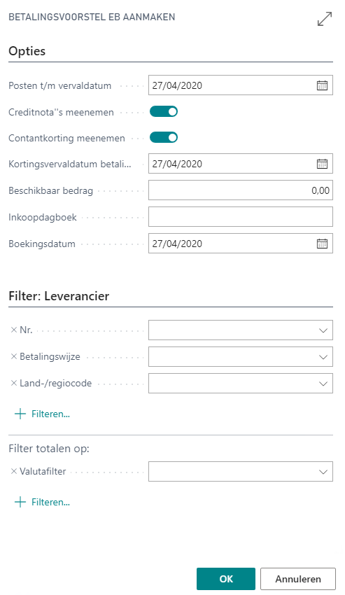 Betalingsvoorstel maken parameterscherm