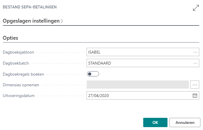 Exporteren betalingsregels parameterscherm