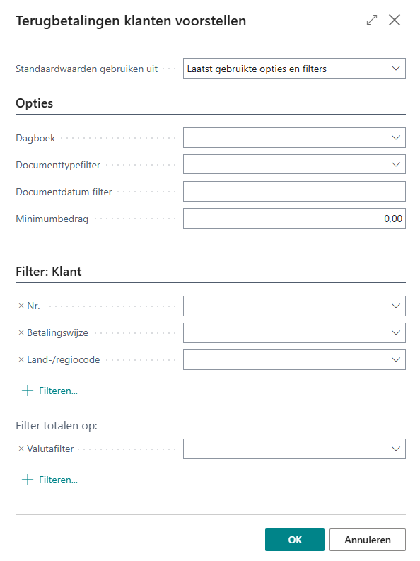 Betalingsvoorstel maken parameterscherm
