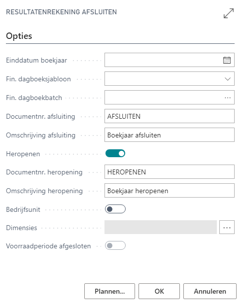 Boekjaar afsluiten parameterscherm