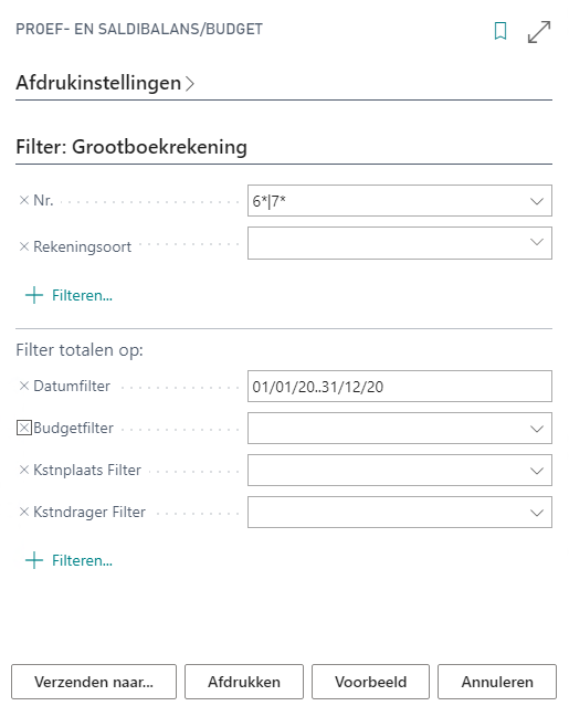 Parameterscherm Proef- en saldibalans/Budget