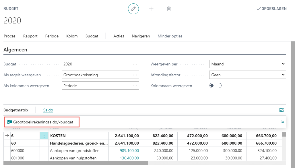 Knop Grootboekrekeningsaldo-/budget
