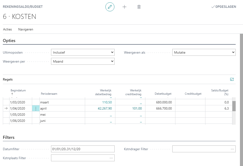 Overzicht Grootboekrekeningsaldo-/budget