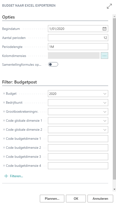 Parameterscherm Budget naar Excel exporteren