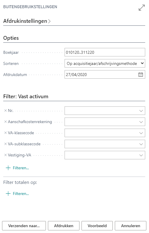 Parameterscherm rapport buitengebruikstelling
