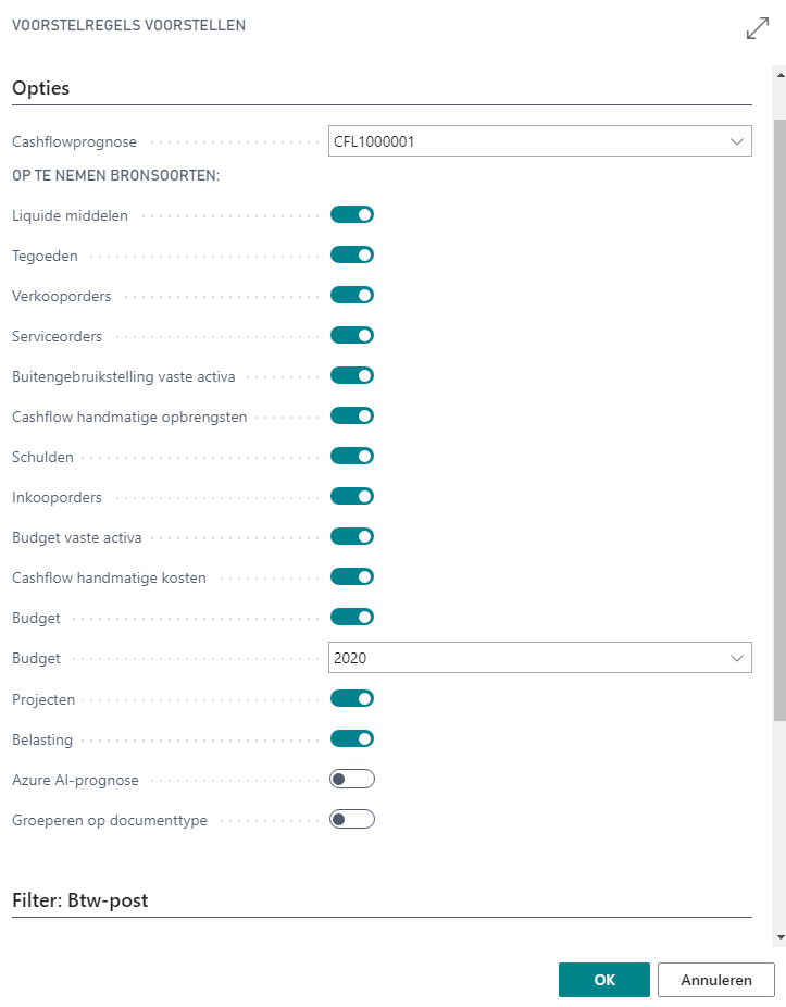 Parameterscherm Voorstelregels voorstellen