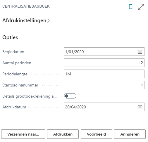 Centralisatiedagboek rapport parameterscherm