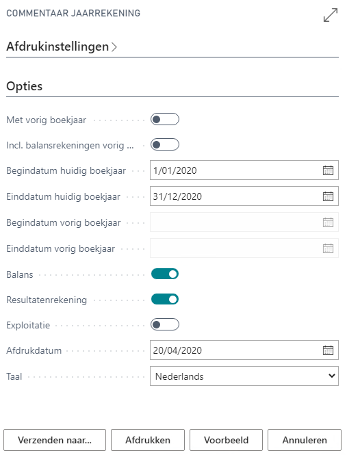 Commentaar jaarrekening rapport parameterscherm