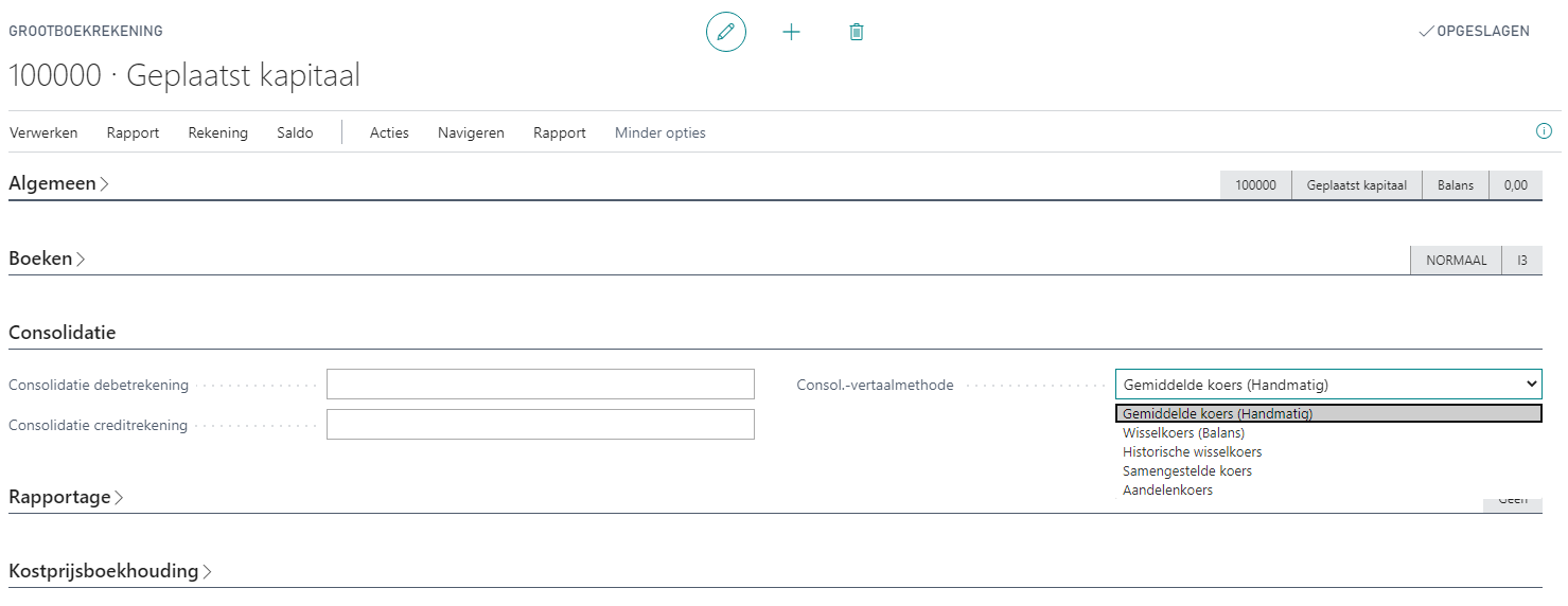 Instellingen consolidatie op een grootboekrekening