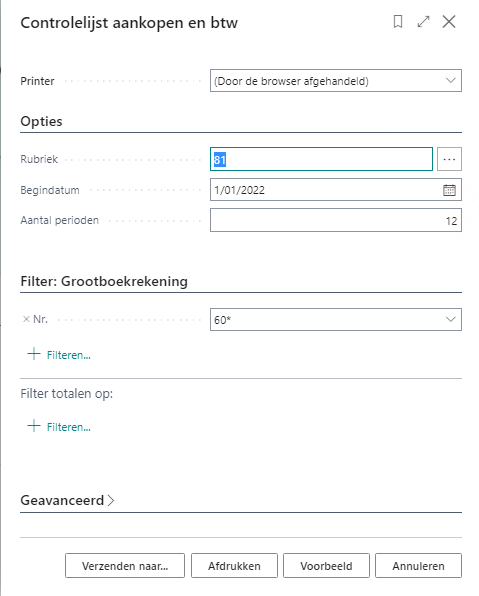 Controlelijst aankopen en btw rapport parameterscherm