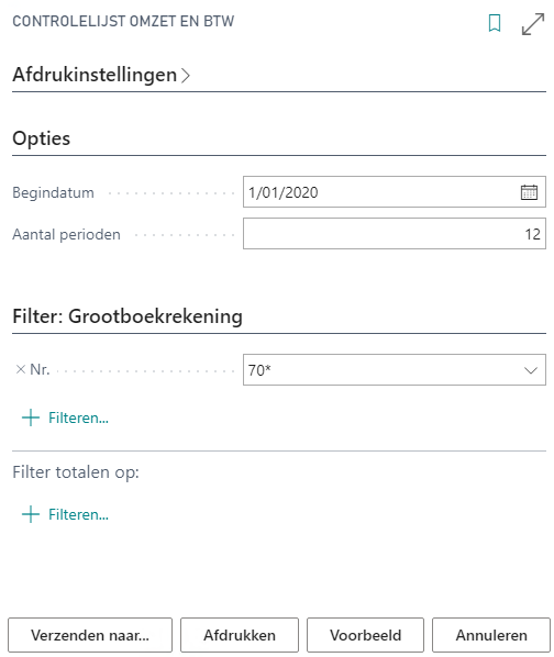 Controlelijst omzet en btw rapport parameterscherm