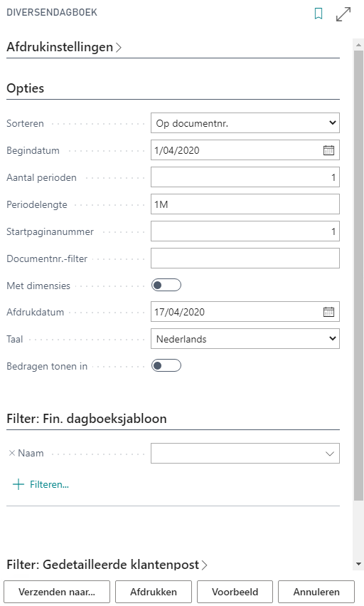 Diversendagboek rapport parameterscherm