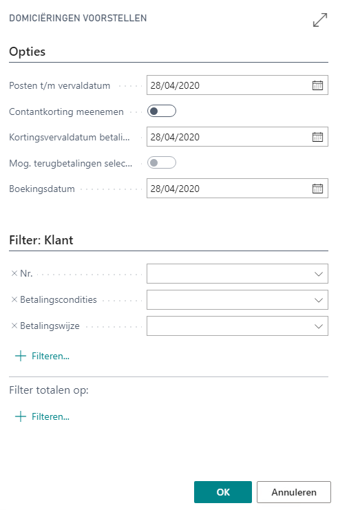 Domiciliëringen voorstellen paramaterscherm