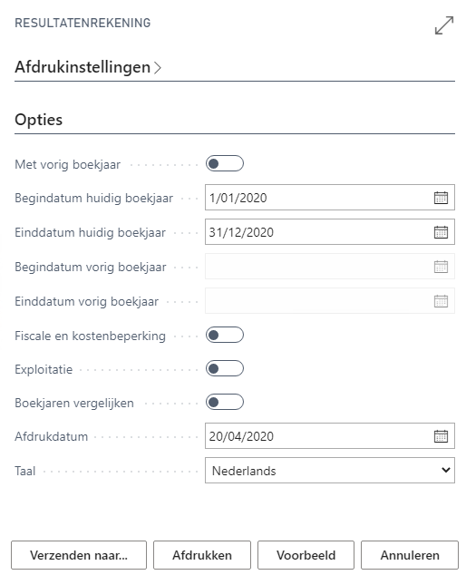 Resultatenrekening rapport parameterscherm