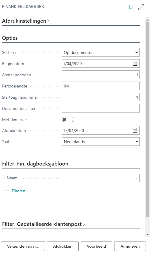 Financieel dagboek rapport parameterscherm