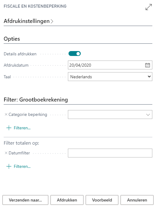 Fiscale en kostenbeperking parameterscherm