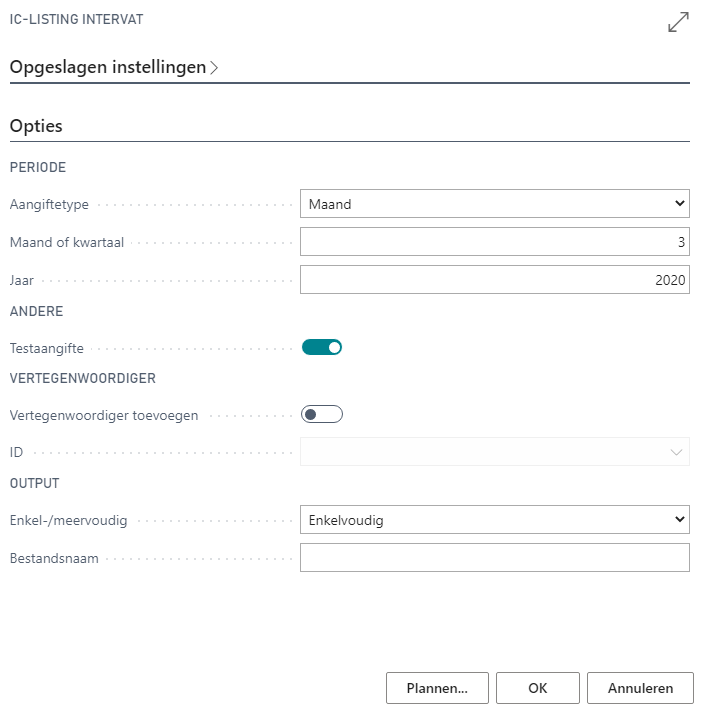 IC-listing intervat rapport parameterscherm