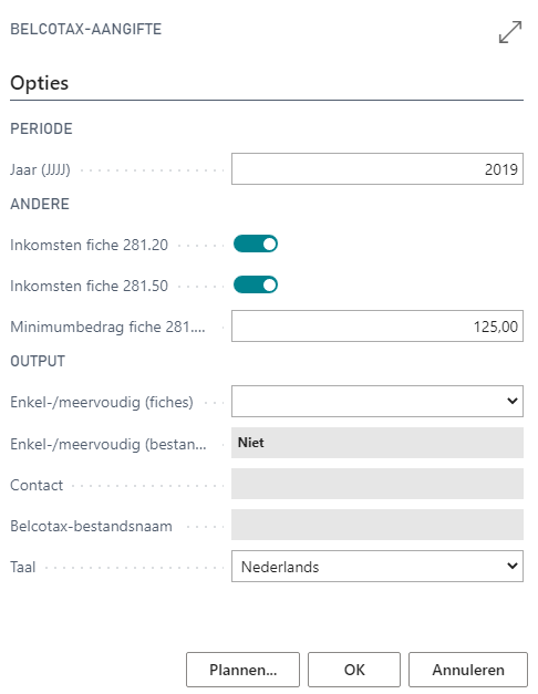 Belcotax-aangifte parameterscherm