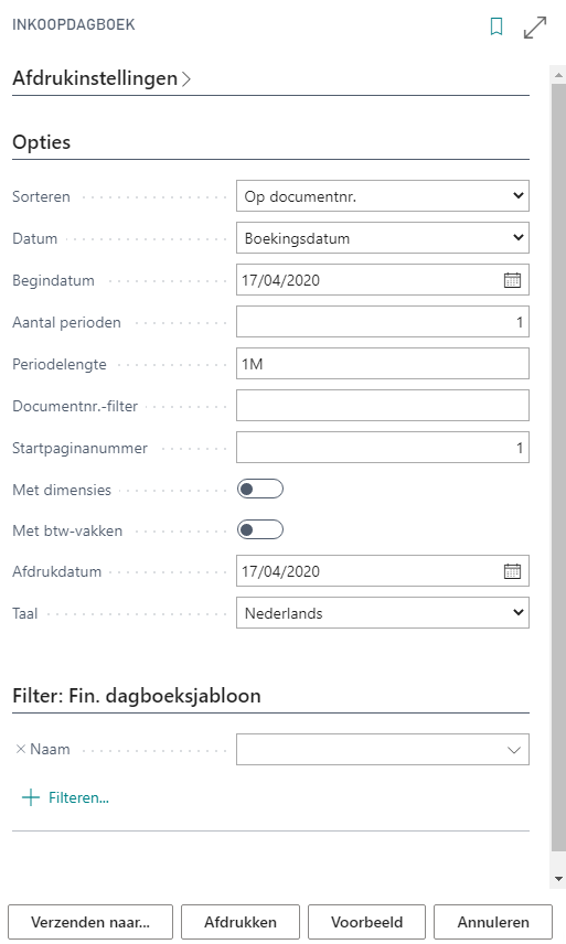 Rapport inkoopdagboek parameterscherm
