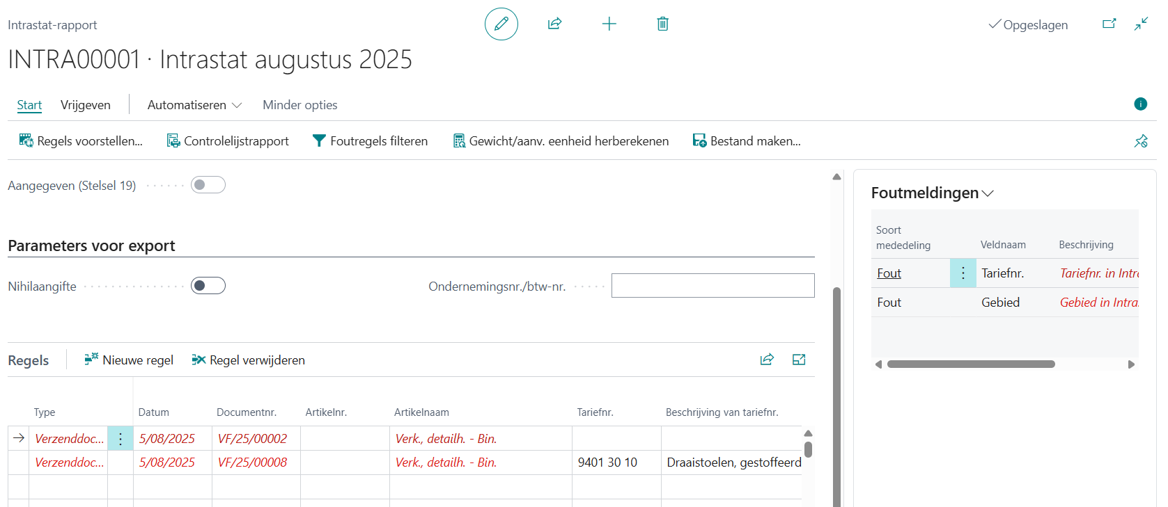 Controlelijst parameterscherm