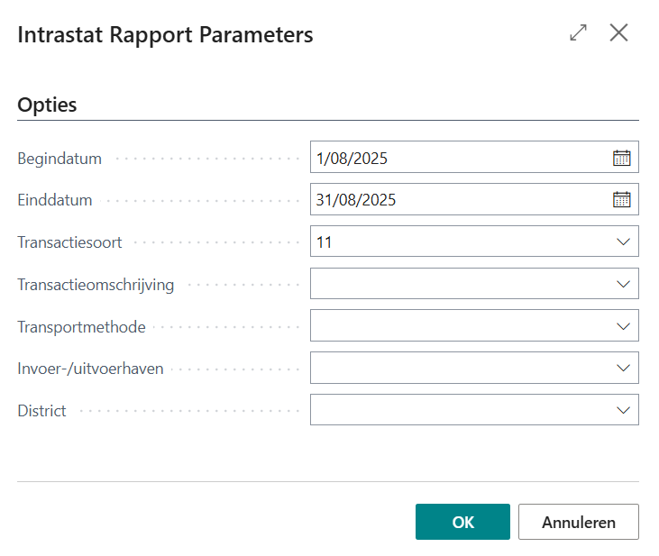 Posten ophalen parameterscherm