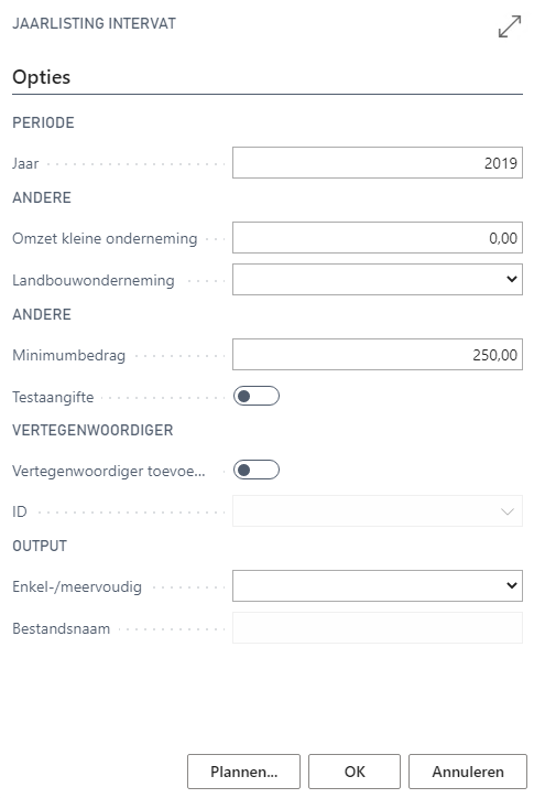 Jaarlisting intervat paramaterscherm
