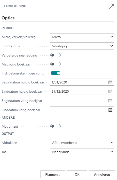 Jaarrekening rapport parameterscherm