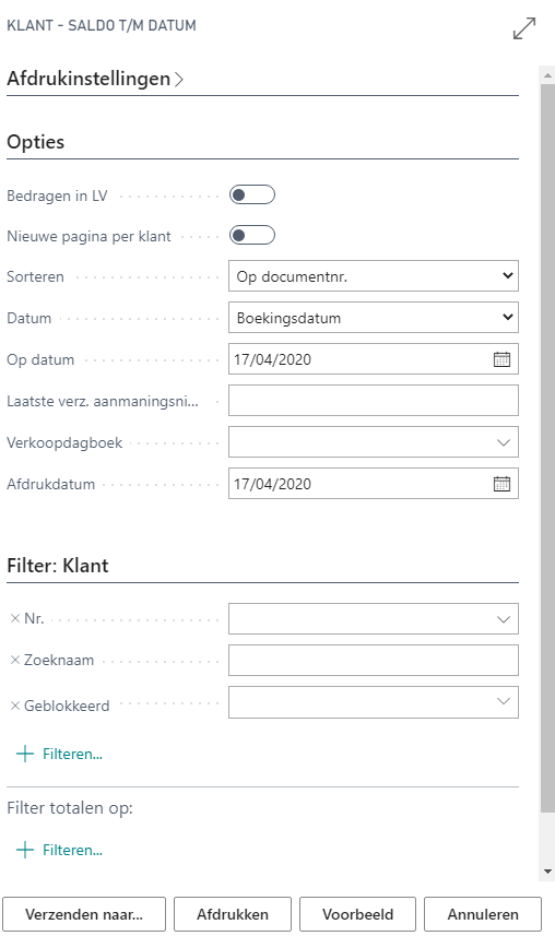 Parameterscherm Klant - Saldo t/m datum