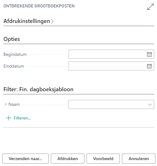 Ontbrekende grootboekposten rapport parameterscherm