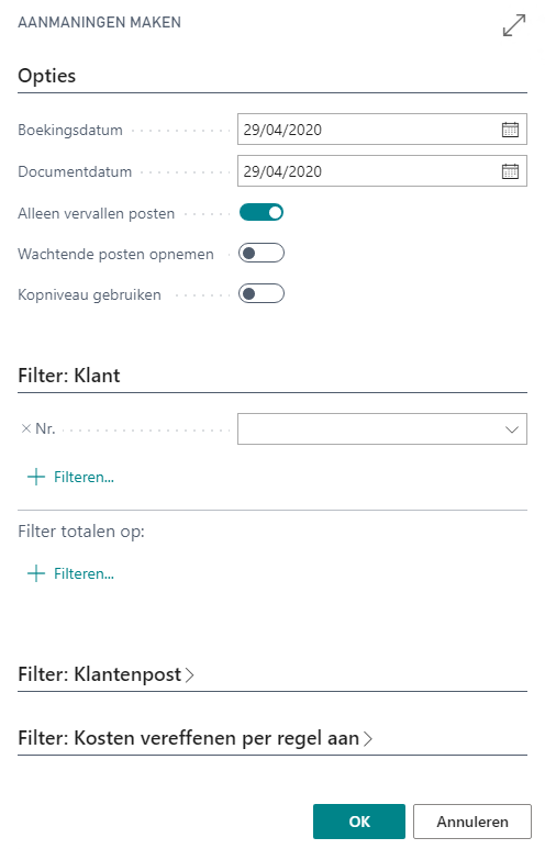 Aanmaningen maken parameterscherm