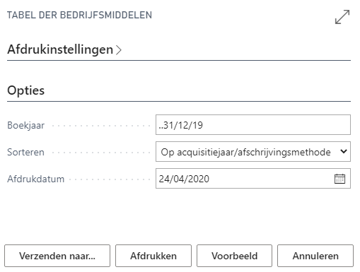 Parameterscherm rapport tabel der bedrijfsmiddelen