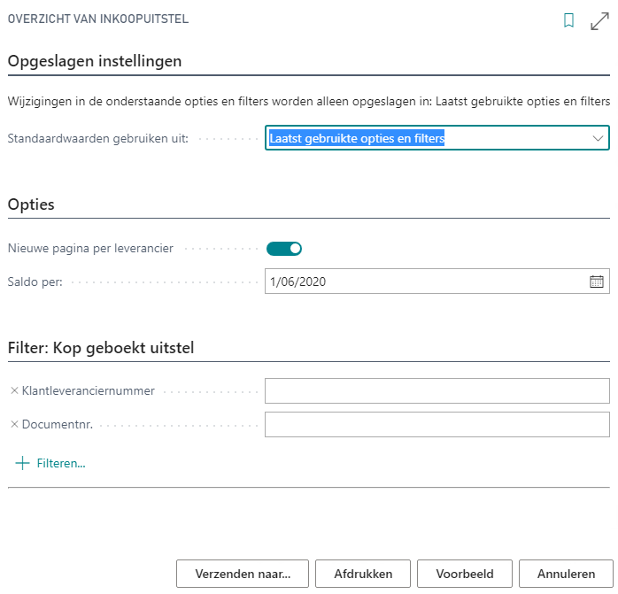 Parameterscherm rapport overzicht inkoopuitstel