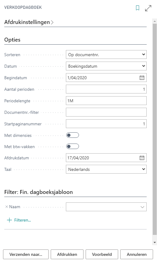 Rapport verkoopdagboek parameterscherm