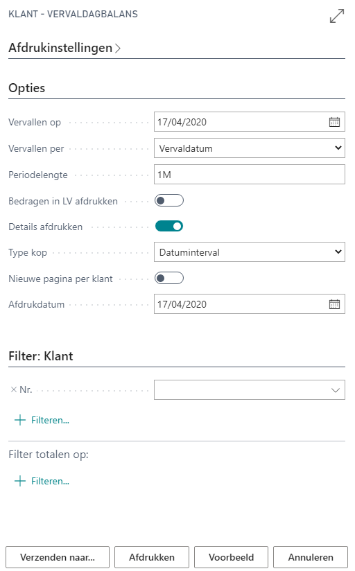 Parameterscherm vervaldagbalans klanten