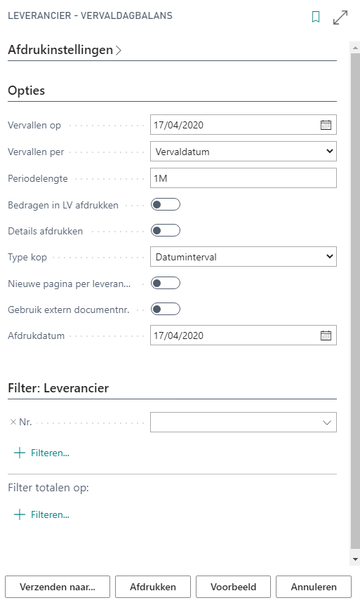 Parameterscherm vervaldagbalans leveranciers