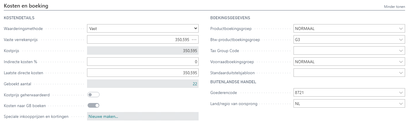 Tabblad Kosten en boeking op de artikelkaart