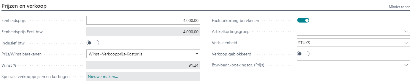 Tabblad Prijzen en verkoop op de artikelkaart