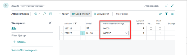 Materiaalsamenstelling per artikeleenheid